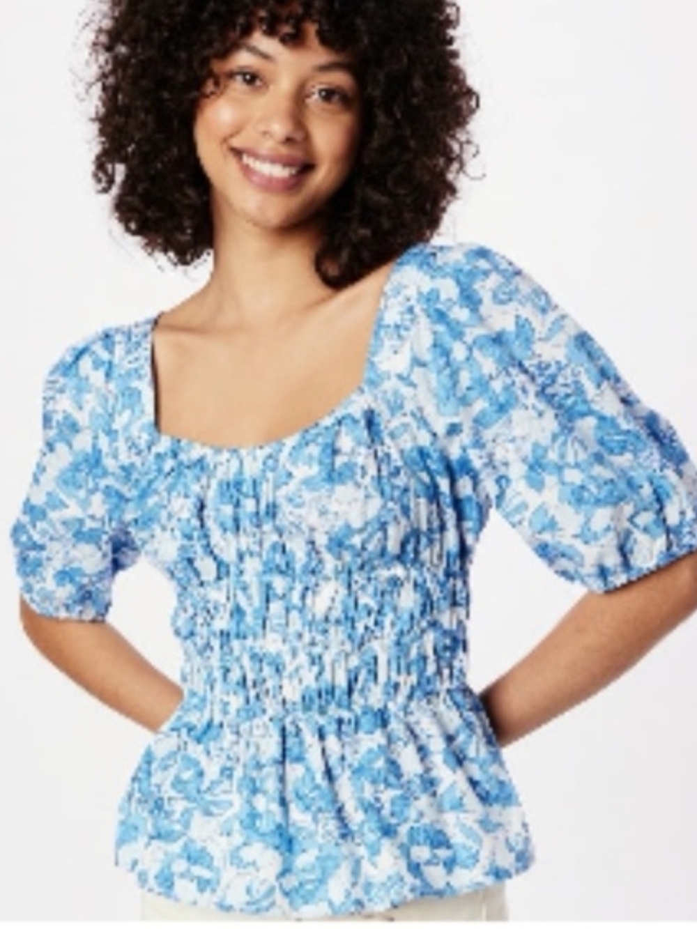 GAP Blue Floral Smocked Square-Neck Top Size XXS Like New